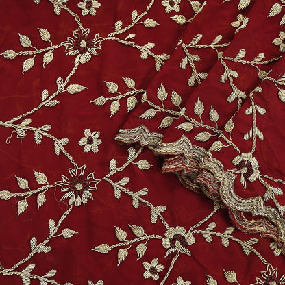 Indian Vintage Heavy Bridal Dupatta Maroon Pure Georgette Silk | Hand Embroidered Zardozi Zari Dabka Stole | Floral Wedding/Party Hijab Veil