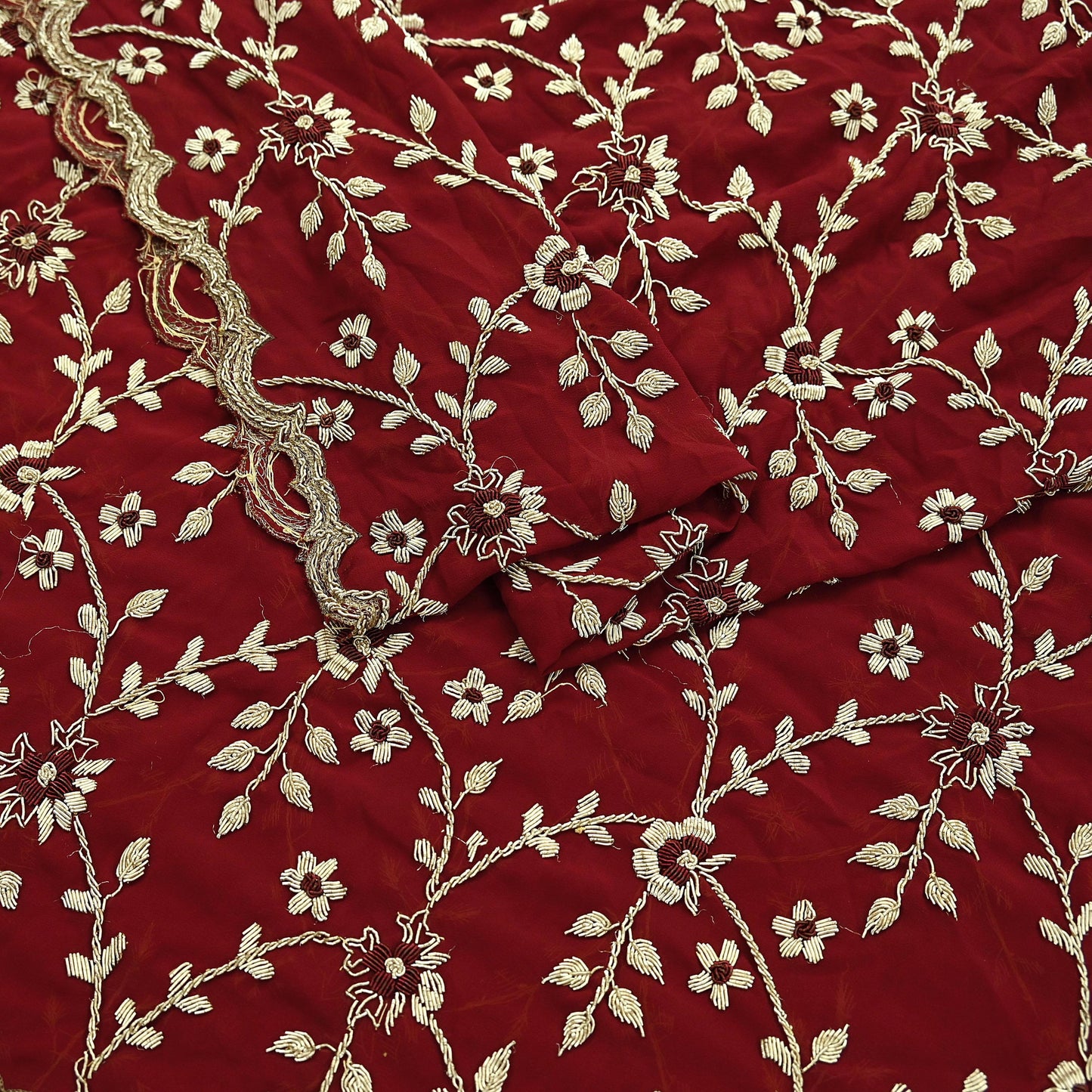 Indian Vintage Heavy Bridal Dupatta Maroon Pure Georgette Silk | Hand Embroidered Zardozi Zari Dabka Stole | Floral Wedding/Party Hijab Veil