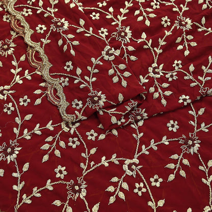 Indian Vintage Heavy Bridal Dupatta Maroon Pure Georgette Silk | Hand Embroidered Zardozi Zari Dabka Stole | Floral Wedding/Party Hijab Veil