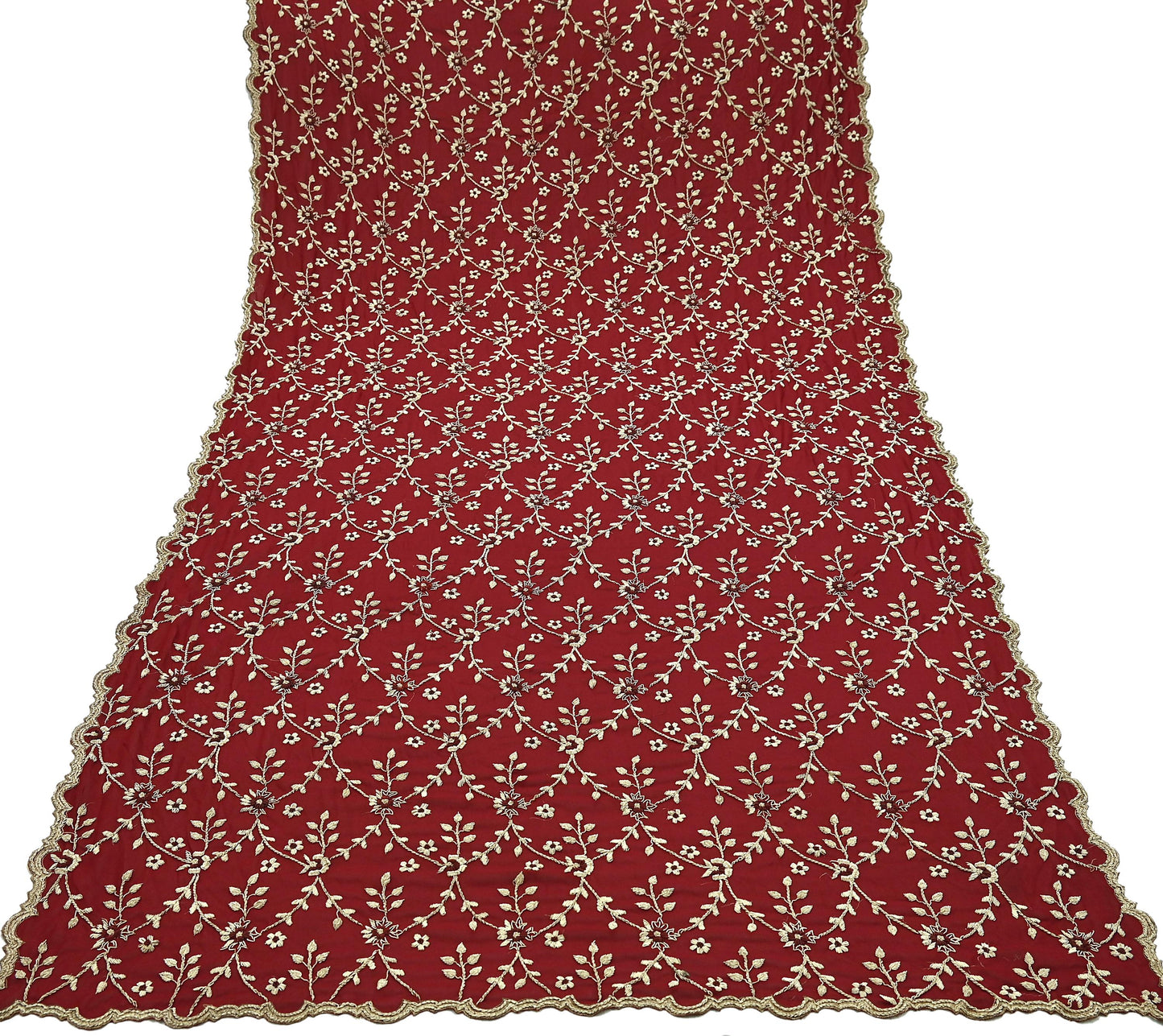 Indian Vintage Heavy Bridal Dupatta Maroon Pure Georgette Silk | Hand Embroidered Zardozi Zari Dabka Stole | Floral Wedding/Party Hijab Veil