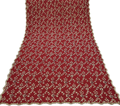 Indian Vintage Heavy Bridal Dupatta Maroon Pure Georgette Silk | Hand Embroidered Zardozi Zari Dabka Stole | Floral Wedding/Party Hijab Veil