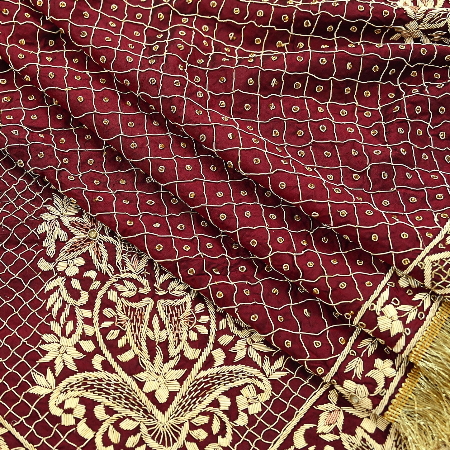 Indian Vintage Heavy Maroon Wedding Dupatta | Pure Silk | Hand Embroidered Zardozi, Dabka, Zari & Beaded Bridal Stole, Veil Scarves