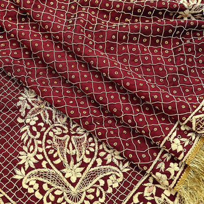 Indian Vintage Heavy Maroon Wedding Dupatta | Pure Silk | Hand Embroidered Zardozi, Dabka, Zari & Beaded Bridal Stole, Veil Scarves