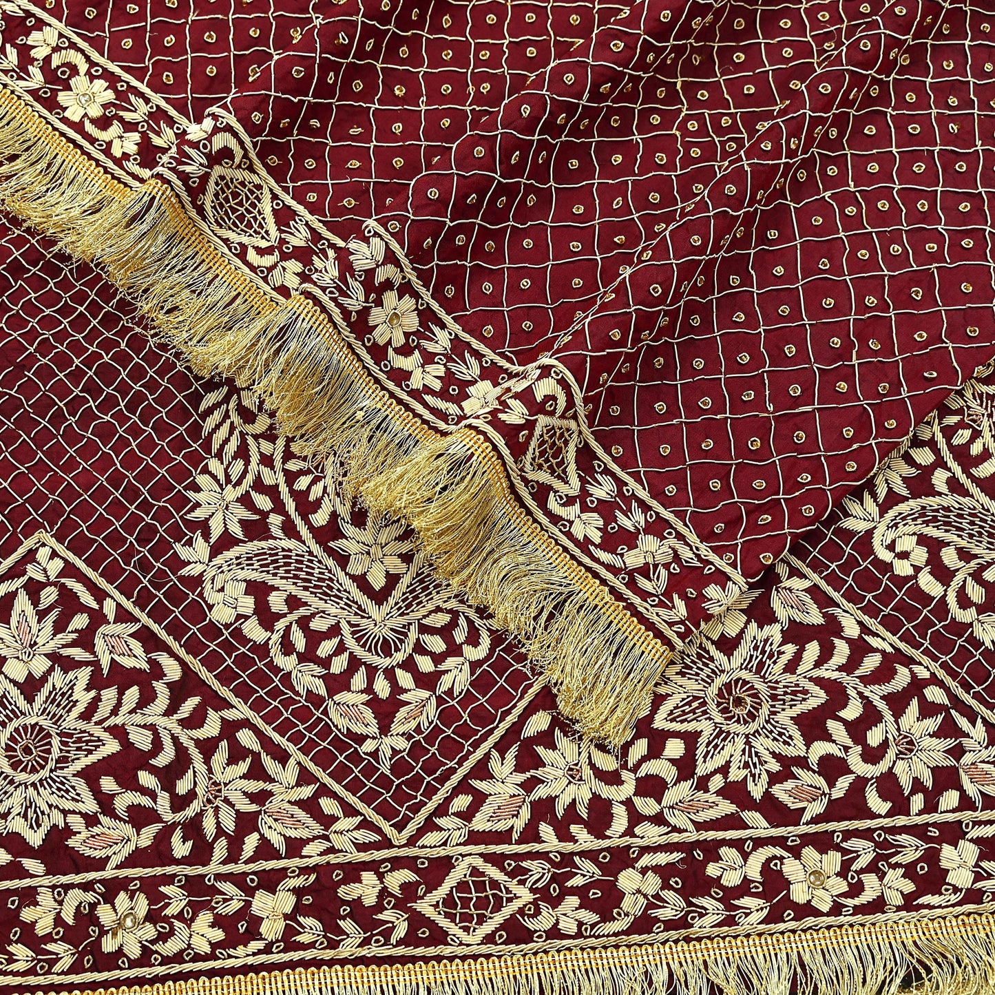 Indian Vintage Heavy Maroon Wedding Dupatta | Pure Silk | Hand Embroidered Zardozi, Dabka, Zari & Beaded Bridal Stole, Veil Scarves