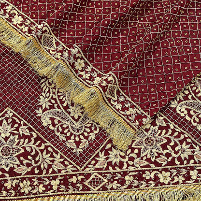 Indian Vintage Heavy Maroon Wedding Dupatta | Pure Silk | Hand Embroidered Zardozi, Dabka, Zari & Beaded Bridal Stole, Veil Scarves