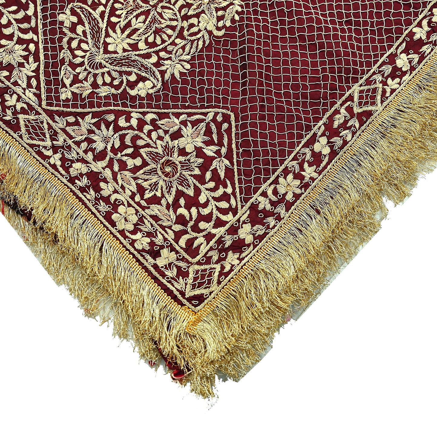 Indian Vintage Heavy Maroon Wedding Dupatta | Pure Silk | Hand Embroidered Zardozi, Dabka, Zari & Beaded Bridal Stole, Veil Scarves