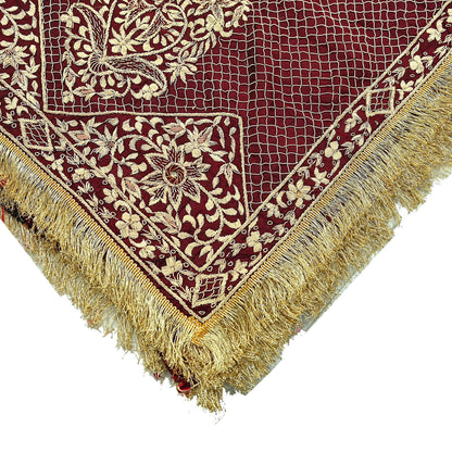 Indian Vintage Heavy Maroon Wedding Dupatta | Pure Silk | Hand Embroidered Zardozi, Dabka, Zari & Beaded Bridal Stole, Veil Scarves