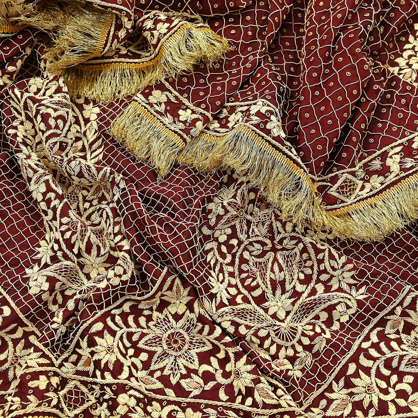 Indian Vintage Heavy Maroon Wedding Dupatta | Pure Silk | Hand Embroidered Zardozi, Dabka, Zari & Beaded Bridal Stole, Veil Scarves