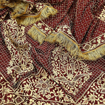 Indian Vintage Heavy Maroon Wedding Dupatta | Pure Silk | Hand Embroidered Zardozi, Dabka, Zari & Beaded Bridal Stole, Veil Scarves