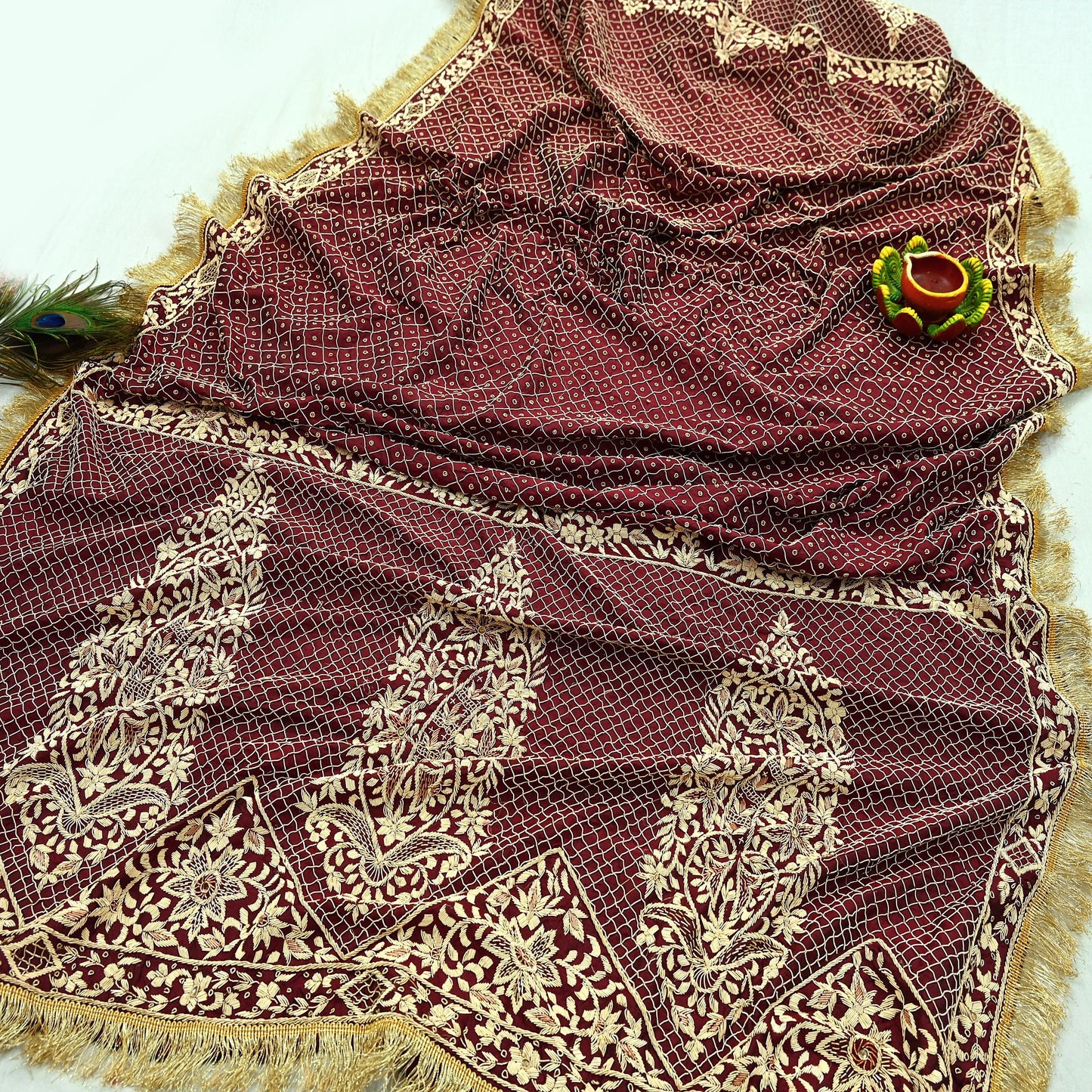 Indian Vintage Heavy Maroon Wedding Dupatta | Pure Silk | Hand Embroidered Zardozi, Dabka, Zari & Beaded Bridal Stole, Veil Scarves
