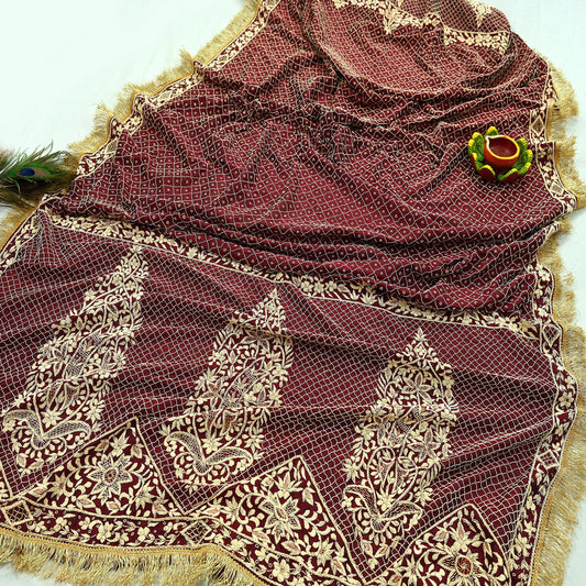 Indian Vintage Heavy Maroon Wedding Dupatta | Pure Silk | Hand Embroidered Zardozi, Dabka, Zari & Beaded Bridal Stole, Veil Scarves