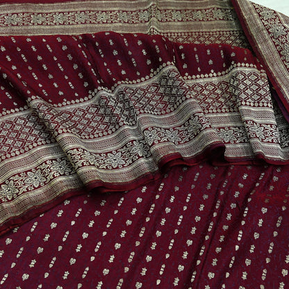 Vintage Banarasi Saree Pure Satin Silk Woven Brocade Zari Fabric Maroon Heavy Craft Sari 5 Yards Indian Antique Textile Dress Making