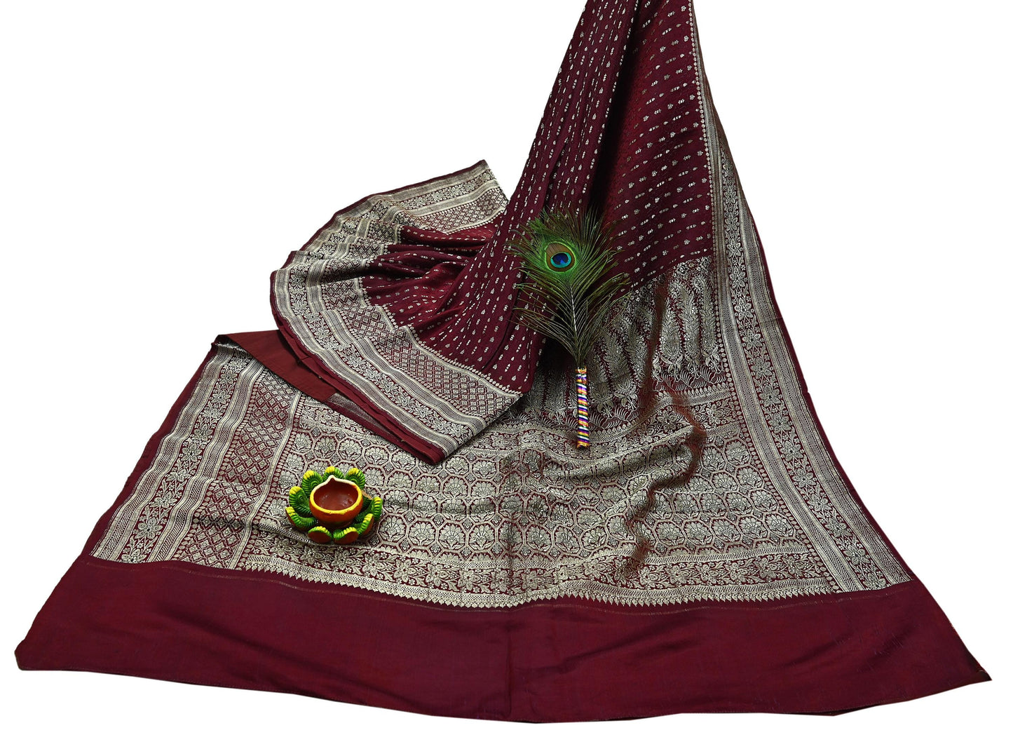 Vintage Banarasi Saree Pure Satin Silk Woven Brocade Zari Fabric Maroon Heavy Craft Sari 5 Yards Indian Antique Textile Dress Making