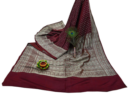 Vintage Banarasi Saree Pure Satin Silk Woven Brocade Zari Fabric Maroon Heavy Craft Sari 5 Yards Indian Antique Textile Dress Making