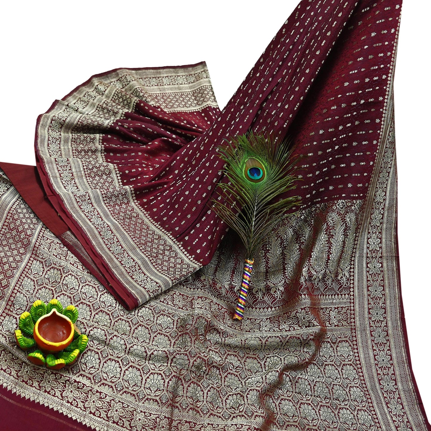 Vintage Banarasi Saree Pure Satin Silk Woven Brocade Zari Fabric Maroon Heavy Craft Sari 5 Yards Indian Antique Textile Dress Making