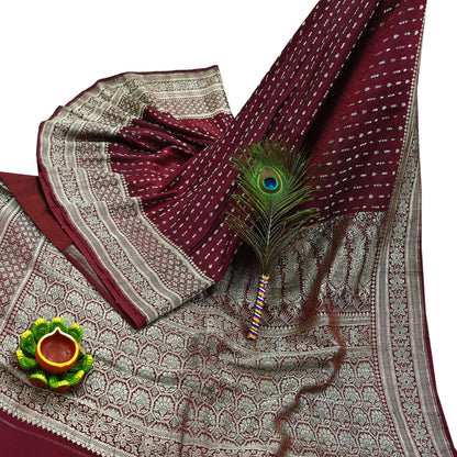 Vintage Banarasi Saree Pure Satin Silk Woven Brocade Zari Fabric Maroon Heavy Craft Sari 5 Yards Indian Antique Textile Dress Making