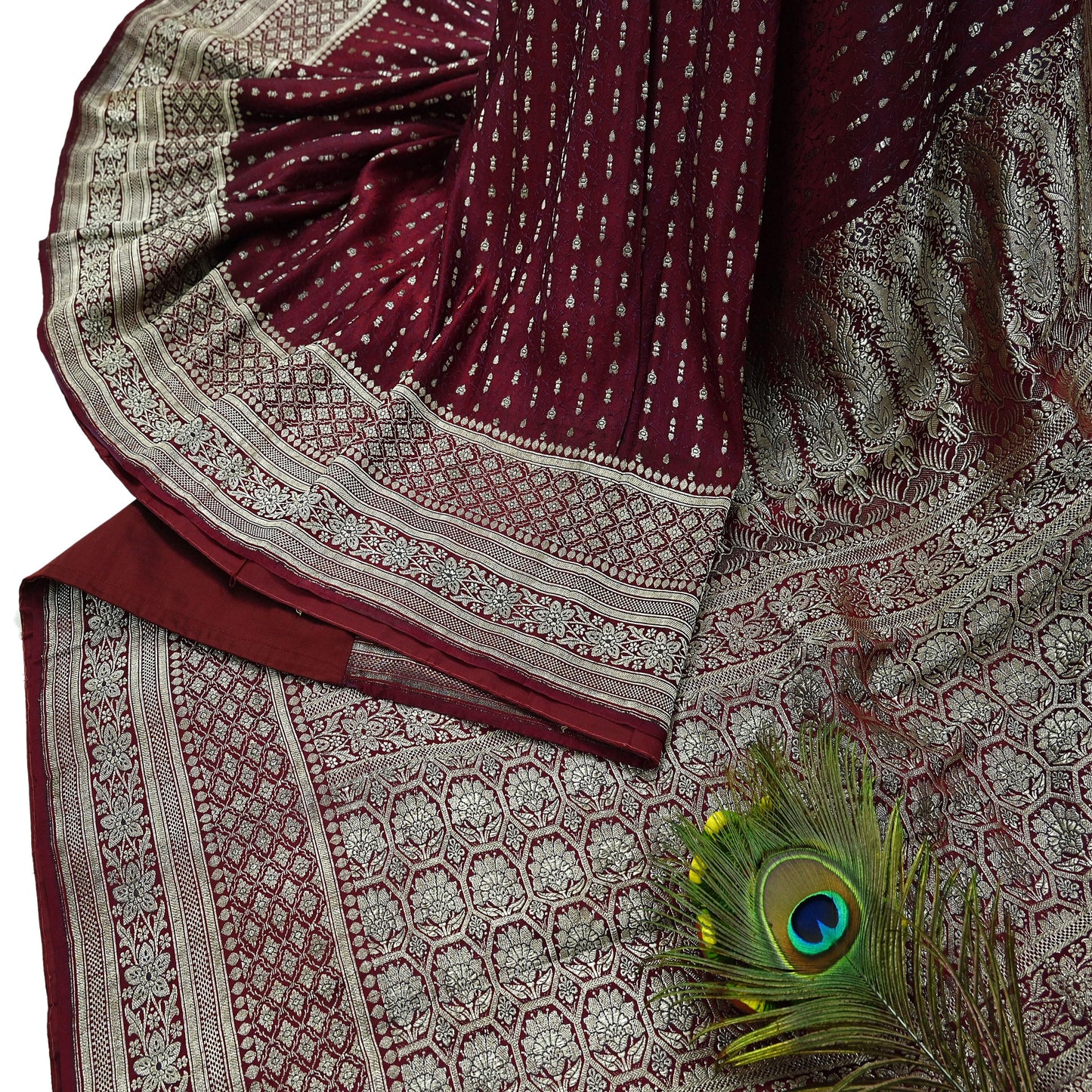 Vintage Banarasi Saree Pure Satin Silk Woven Brocade Zari Fabric Maroon Heavy Craft Sari 5 Yards Indian Antique Textile Dress Making