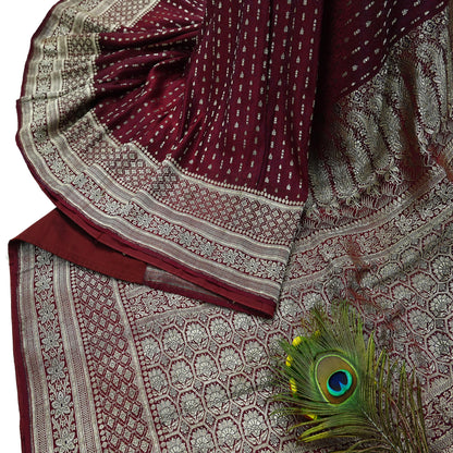 Vintage Banarasi Saree Pure Satin Silk Woven Brocade Zari Fabric Maroon Heavy Craft Sari 5 Yards Indian Antique Textile Dress Making