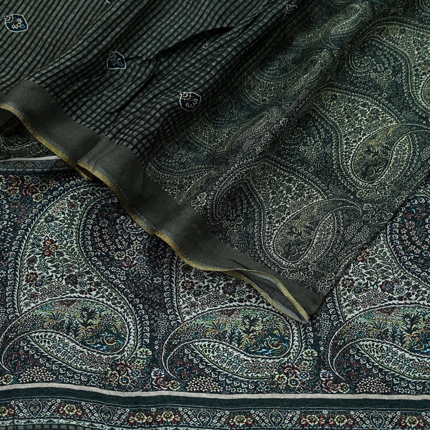 Indian Vintage Dupatta Brown & Black Long Stole Block Print Pure Chanderi Silk Scarves Veil Zari Wrap Hijab