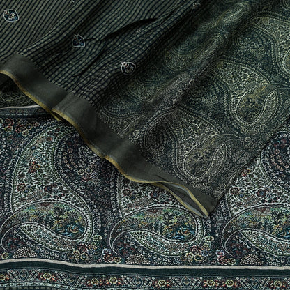 Indian Vintage Dupatta Brown & Black Long Stole Block Print Pure Chanderi Silk Scarves Veil Zari Wrap Hijab