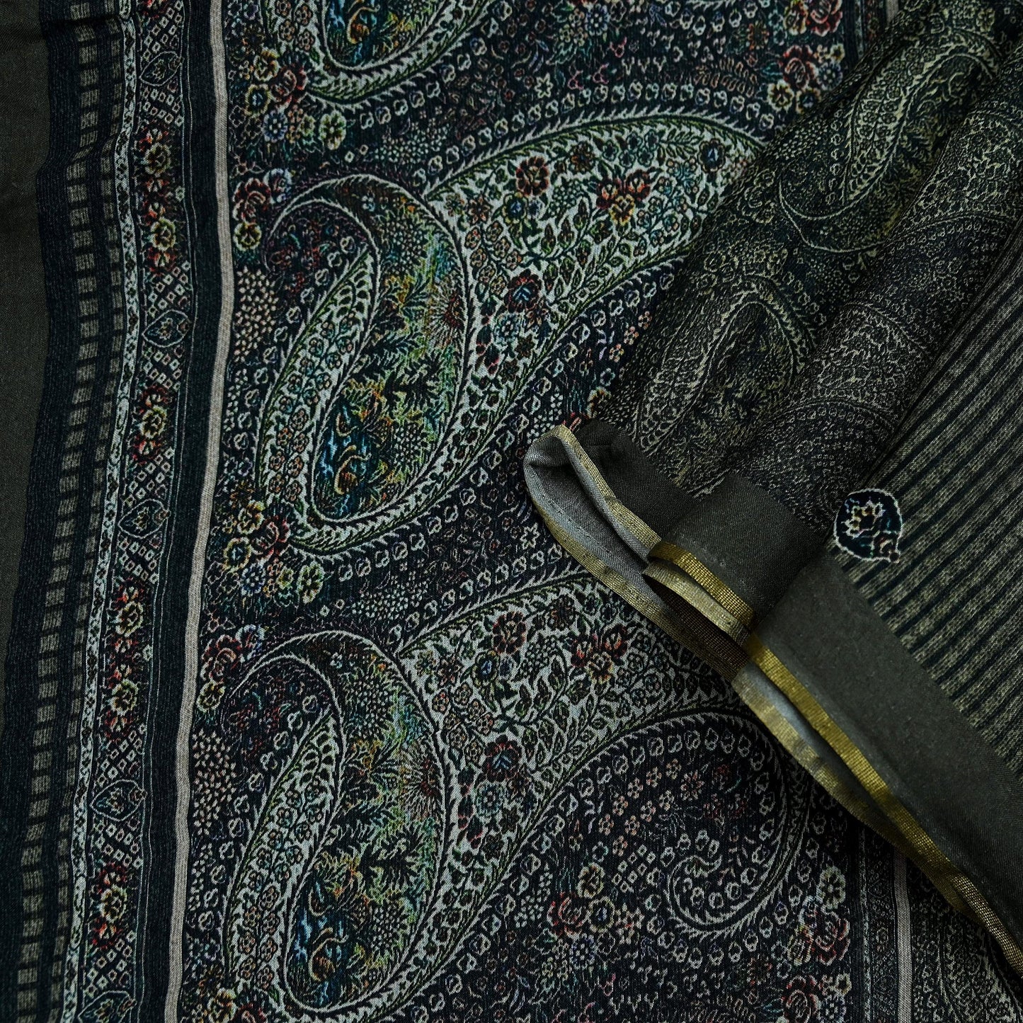 Indian Vintage Dupatta Brown & Black Long Stole Block Print Pure Chanderi Silk Scarves Veil Zari Wrap Hijab
