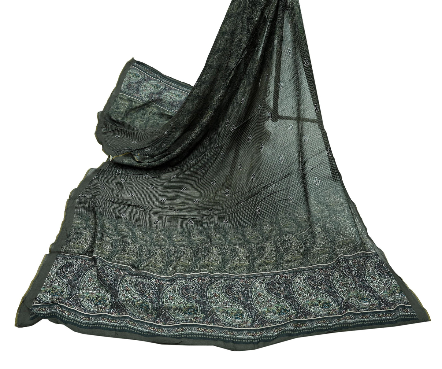 Indian Vintage Dupatta Brown & Black Long Stole Block Print Pure Chanderi Silk Scarves Veil Zari Wrap Hijab