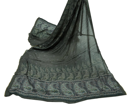 Indian Vintage Dupatta Brown & Black Long Stole Block Print Pure Chanderi Silk Scarves Veil Zari Wrap Hijab