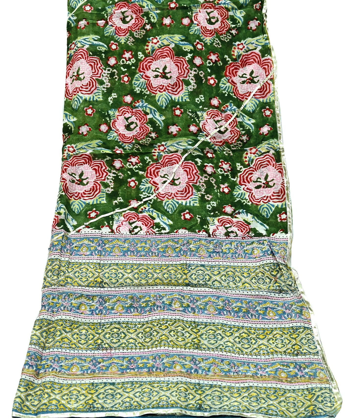 Indian Vintage Green Dupatta Long Stole Hand Block Print Pure Chanderi Silk Scarves Veil Golden Gota Patti
