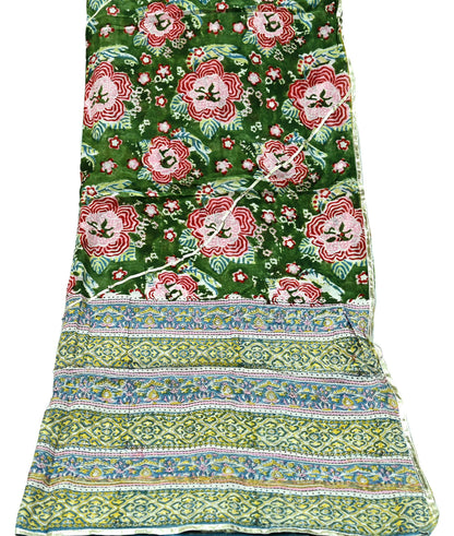 Indian Vintage Green Dupatta Long Stole Hand Block Print Pure Chanderi Silk Scarves Veil Golden Gota Patti