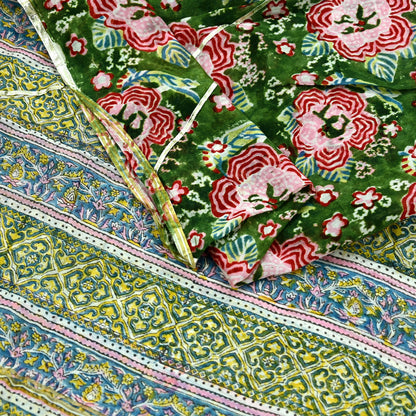 Indian Vintage Green Dupatta Long Stole Hand Block Print Pure Chanderi Silk Scarves Veil Golden Gota Patti