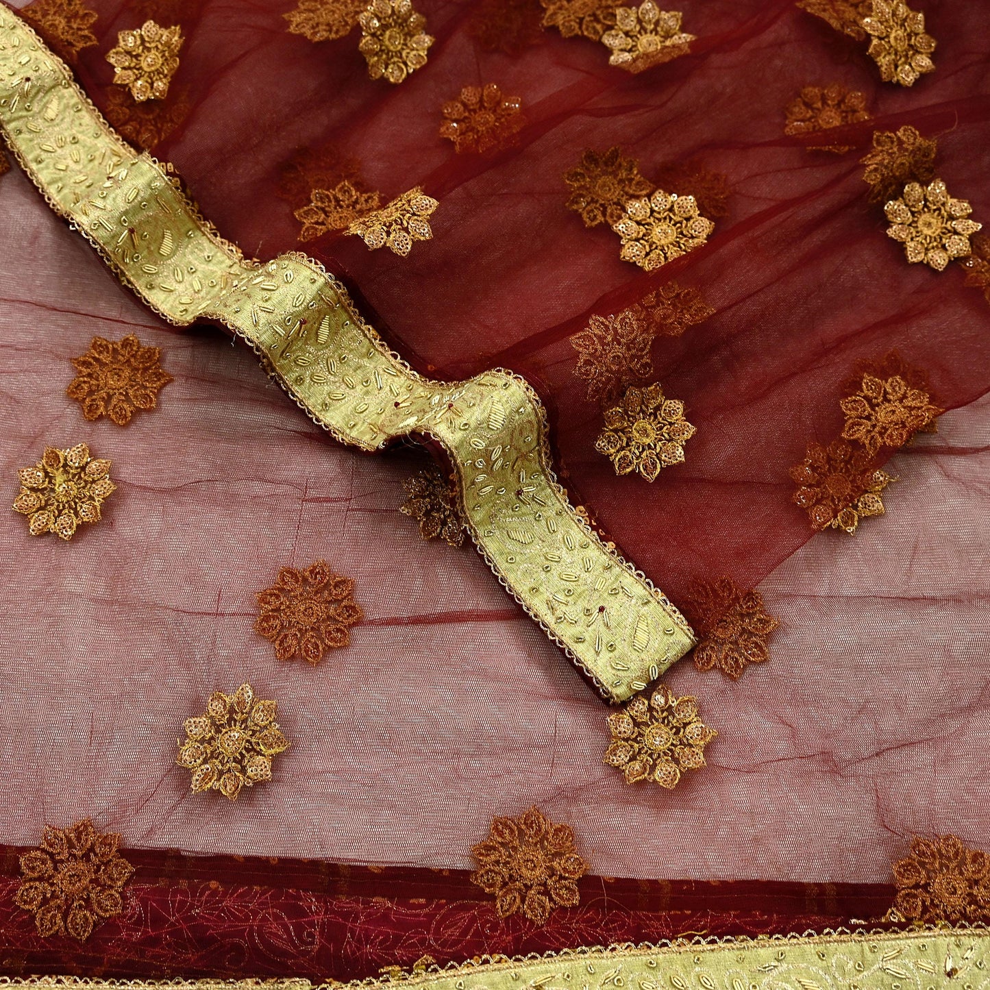 Indian Vintage Maroon Dupatta Net Mesh Long Stole Hand Embroidered Scarves Golden Zardozi Zari Sequins Hijab Veil wrap Boho