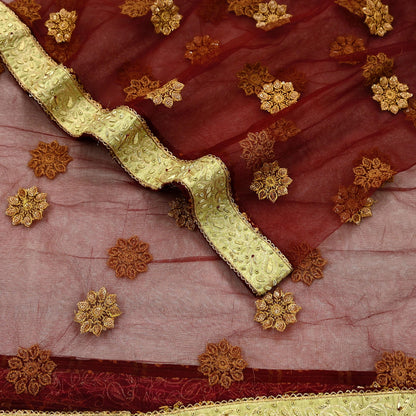 Indian Vintage Maroon Dupatta Net Mesh Long Stole Hand Embroidered Scarves Golden Zardozi Zari Sequins Hijab Veil wrap Boho