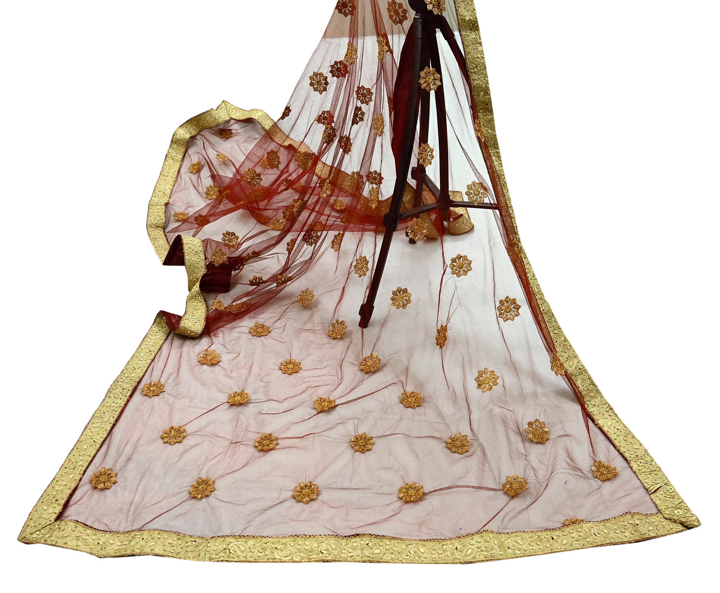 Indian Vintage Maroon Dupatta Net Mesh Long Stole Hand Embroidered Scarves Golden Zardozi Zari Sequins Hijab Veil wrap Boho