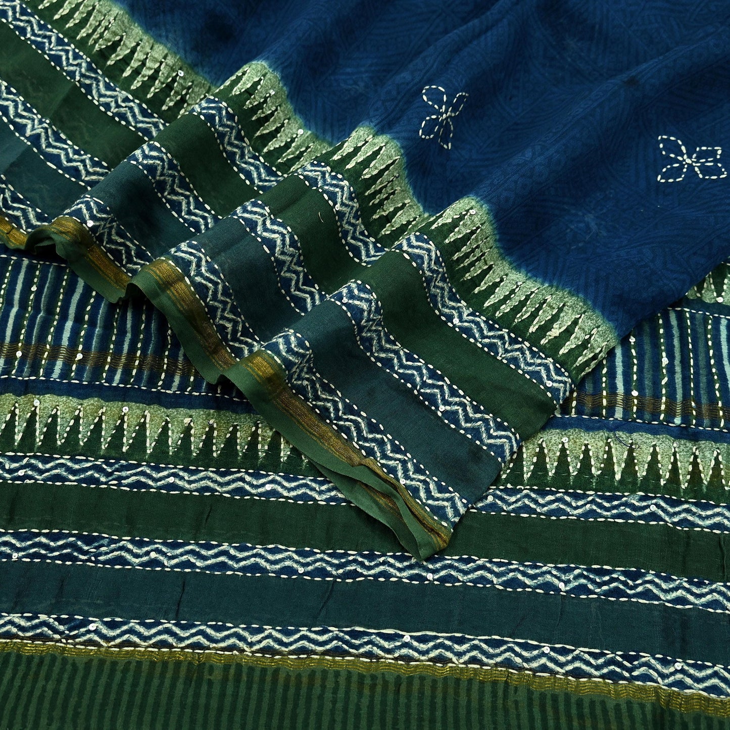 Indian Vintage Dupatta Green & Blue Long Stole Pure Chanderi Silk Hand Embroidered kantha stole Scarves Veil Wrap Soft Floral