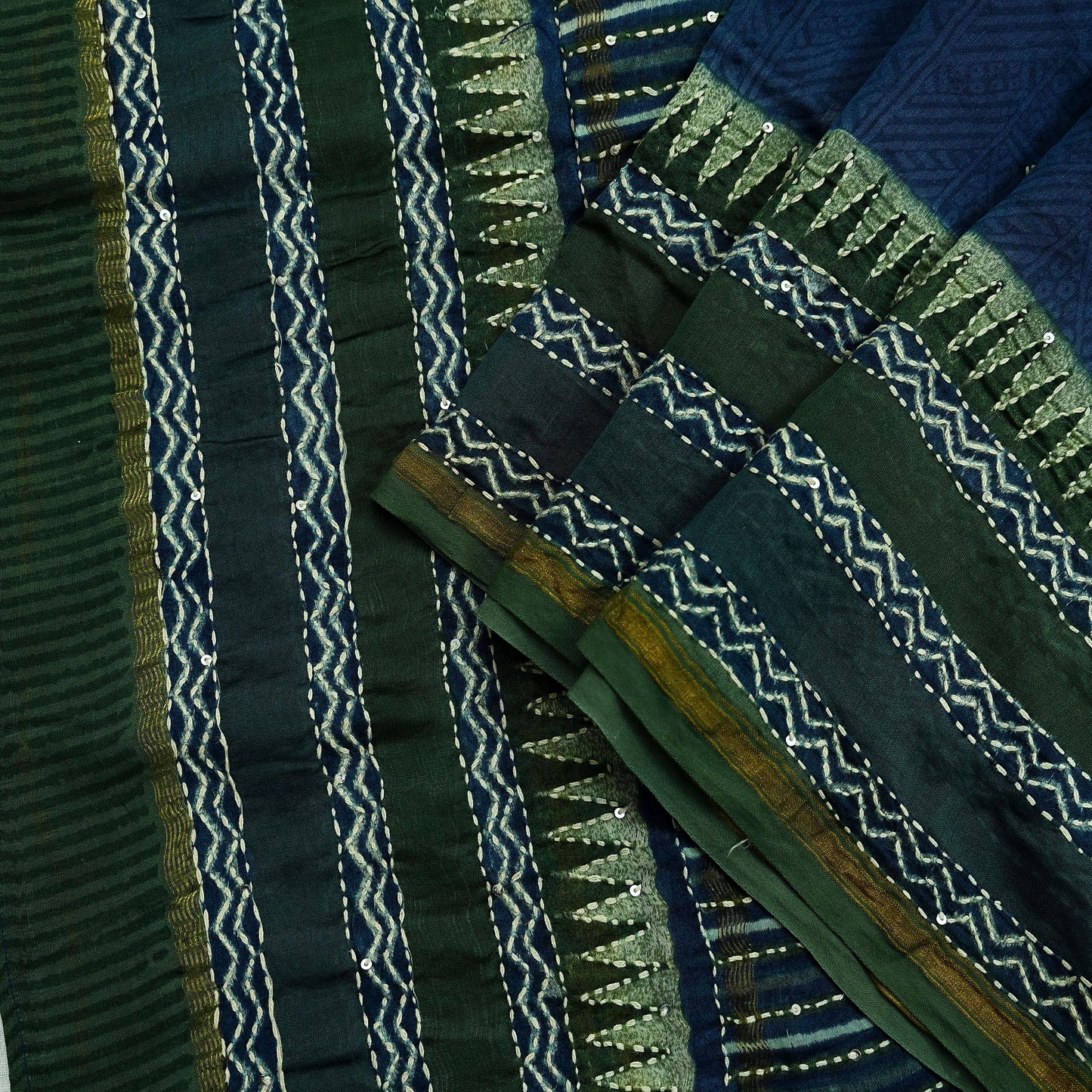 Indian Vintage Dupatta Green & Blue Long Stole Pure Chanderi Silk Hand Embroidered kantha stole Scarves Veil Wrap Soft Floral