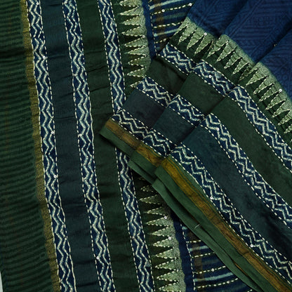 Indian Vintage Dupatta Green & Blue Long Stole Pure Chanderi Silk Hand Embroidered kantha stole Scarves Veil Wrap Soft Floral