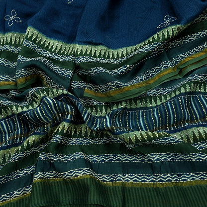 Indian Vintage Dupatta Green & Blue Long Stole Pure Chanderi Silk Hand Embroidered kantha stole Scarves Veil Wrap Soft Floral