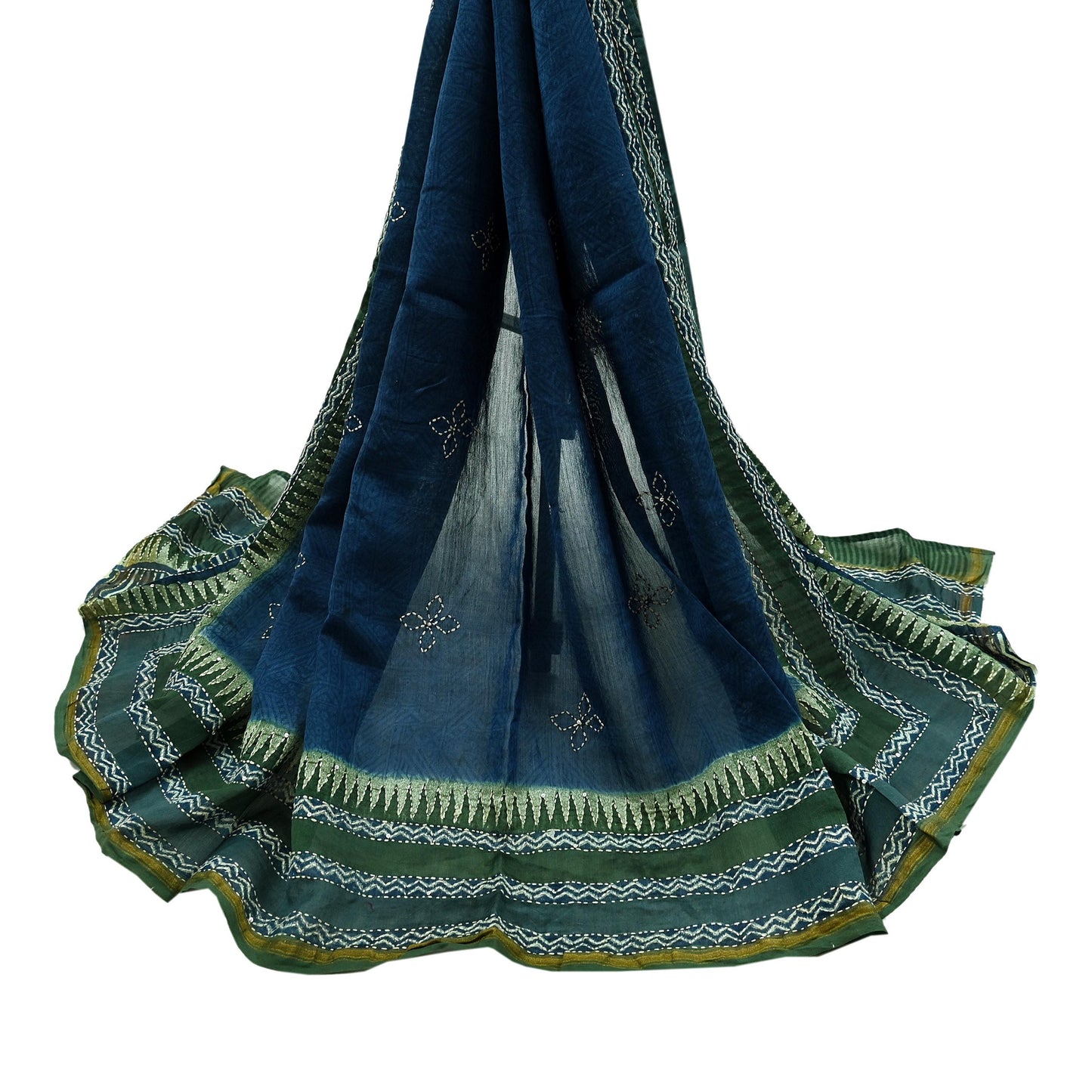 Indian Vintage Dupatta Green & Blue Long Stole Pure Chanderi Silk Hand Embroidered kantha stole Scarves Veil Wrap Soft Floral