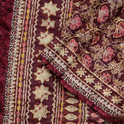Indian Vintage Dupatta Maroon Long Stole Hand Embroidered kantha stole Scarves Veil Wrap Soft Floral