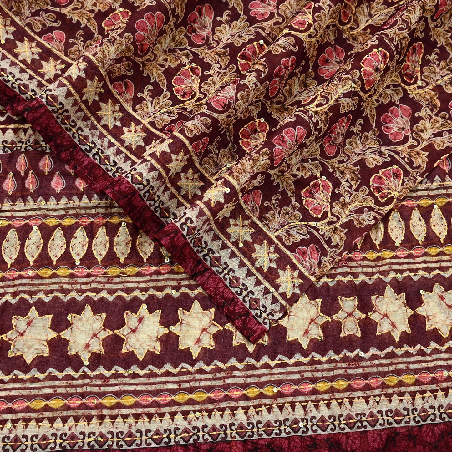 Indian Vintage Dupatta Maroon Long Stole Hand Embroidered kantha stole Scarves Veil Wrap Soft Floral