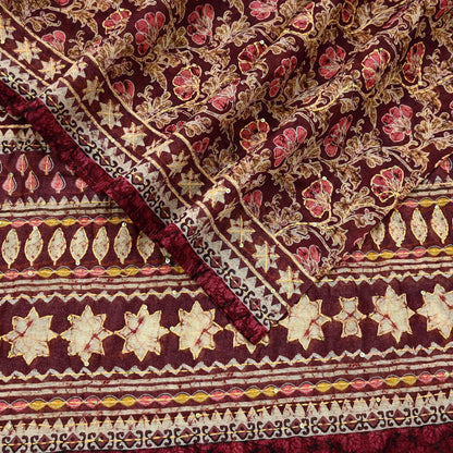 Indian Vintage Dupatta Maroon Long Stole Hand Embroidered kantha stole Scarves Veil Wrap Soft Floral