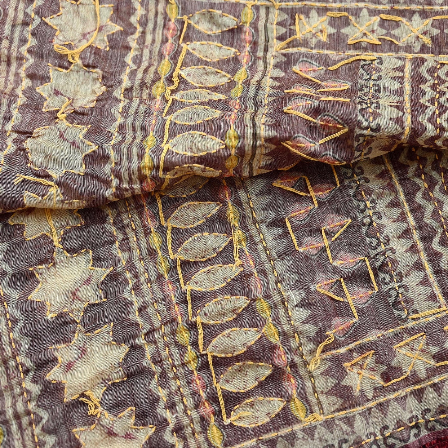 Indian Vintage Dupatta Maroon Long Stole Hand Embroidered kantha stole Scarves Veil Wrap Soft Floral