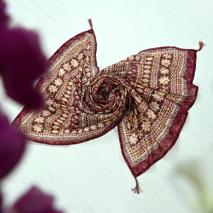 Indian Vintage Dupatta Maroon Long Stole Hand Embroidered kantha stole Scarves Veil Wrap Soft Floral