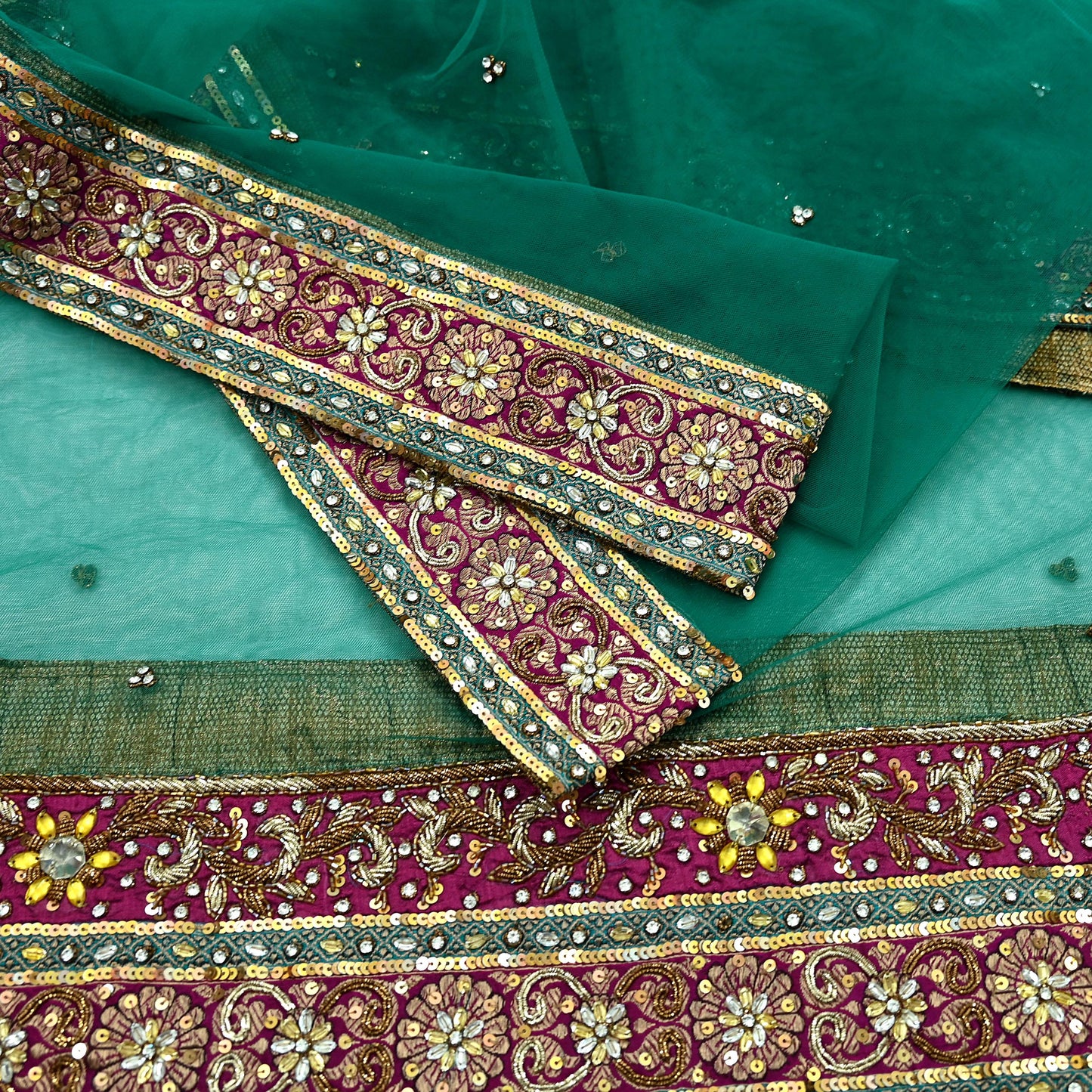 Indian Vintage Heavy Bridal Green Net Dupatta | Hand Embroidered Zardozi Zari Sequins Stole | Floral Design Hijab Veil | Wedding/Party Wear