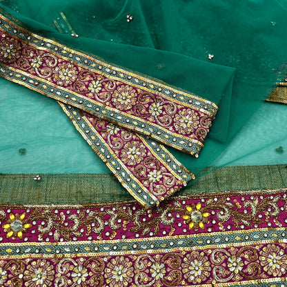 Indian Vintage Heavy Bridal Green Net Dupatta | Hand Embroidered Zardozi Zari Sequins Stole | Floral Design Hijab Veil | Wedding/Party Wear