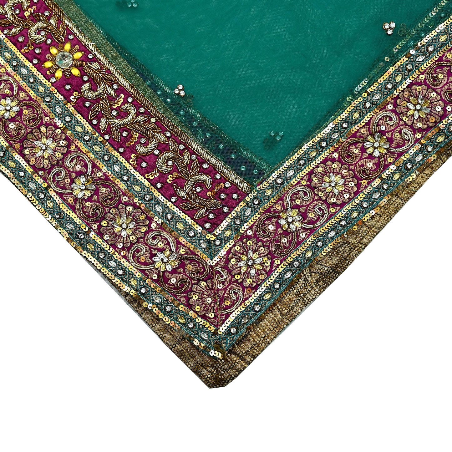 Indian Vintage Heavy Bridal Green Net Dupatta | Hand Embroidered Zardozi Zari Sequins Stole | Floral Design Hijab Veil | Wedding/Party Wear