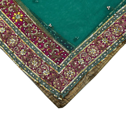 Indian Vintage Heavy Bridal Green Net Dupatta | Hand Embroidered Zardozi Zari Sequins Stole | Floral Design Hijab Veil | Wedding/Party Wear