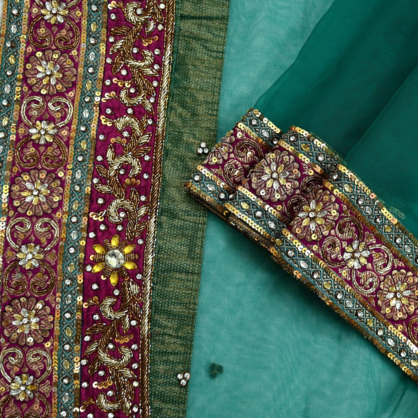 Indian Vintage Heavy Bridal Green Net Dupatta | Hand Embroidered Zardozi Zari Sequins Stole | Floral Design Hijab Veil | Wedding/Party Wear