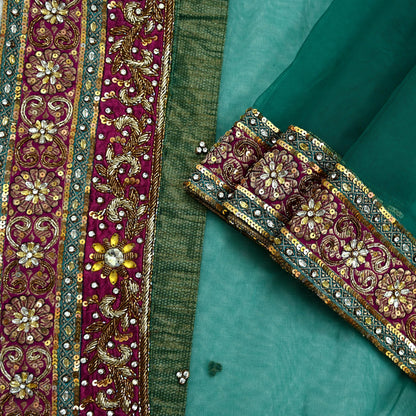 Indian Vintage Heavy Bridal Green Net Dupatta | Hand Embroidered Zardozi Zari Sequins Stole | Floral Design Hijab Veil | Wedding/Party Wear