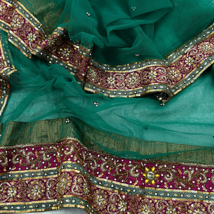 Indian Vintage Heavy Bridal Green Net Dupatta | Hand Embroidered Zardozi Zari Sequins Stole | Floral Design Hijab Veil | Wedding/Party Wear